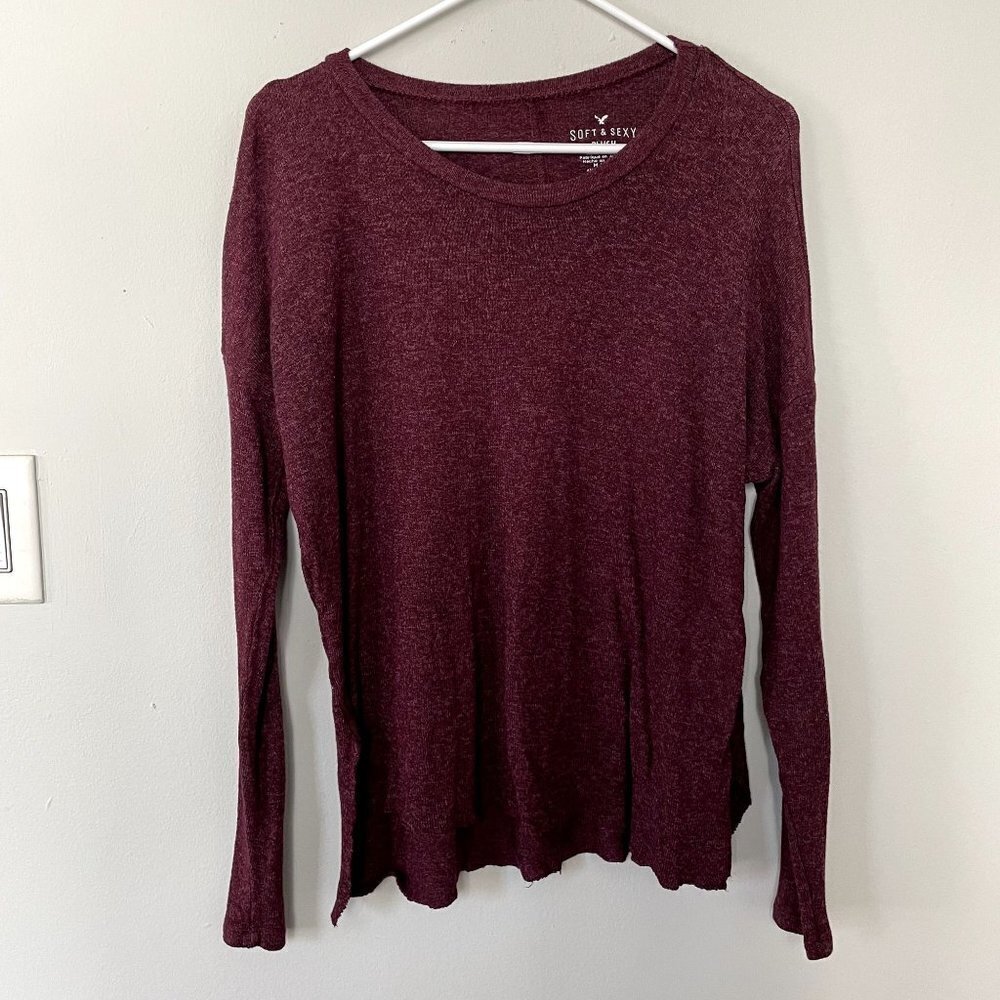 American Eagle soft and sexy purple maroon sweater rough hem casual top‎ size M